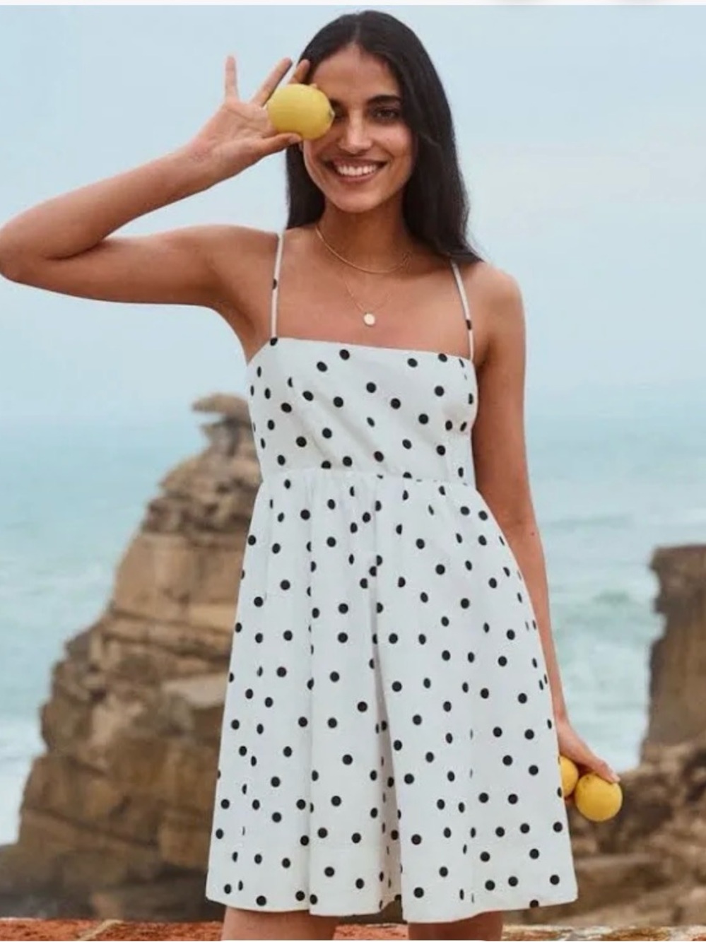 Maeve off-white short Dress with Black Polka Dots